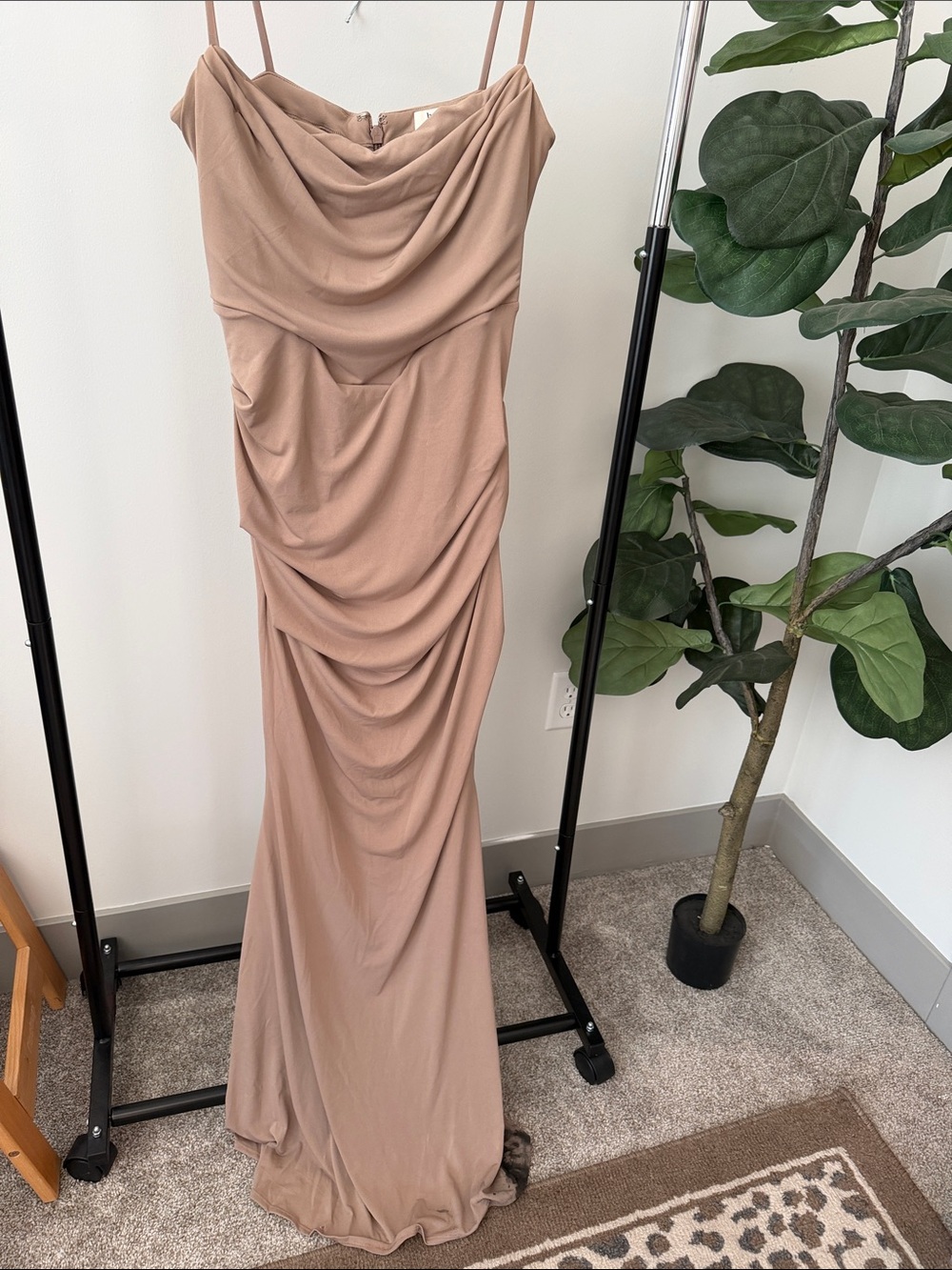 House of CB Blush-Tan Draped Spaghetti-Strap Maxi Dress